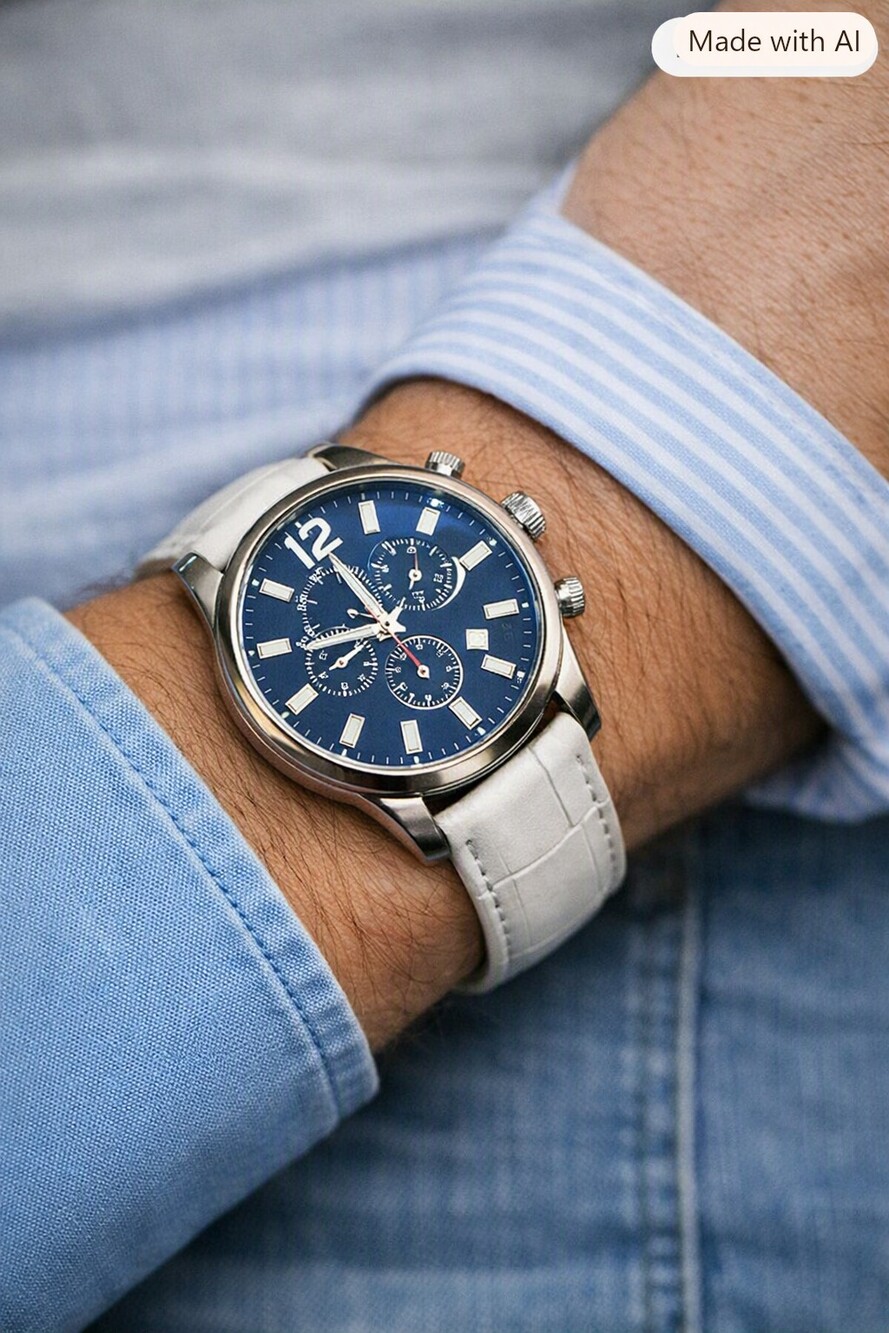 Chronograph Men's Watch Blue Dial White Leather Strap